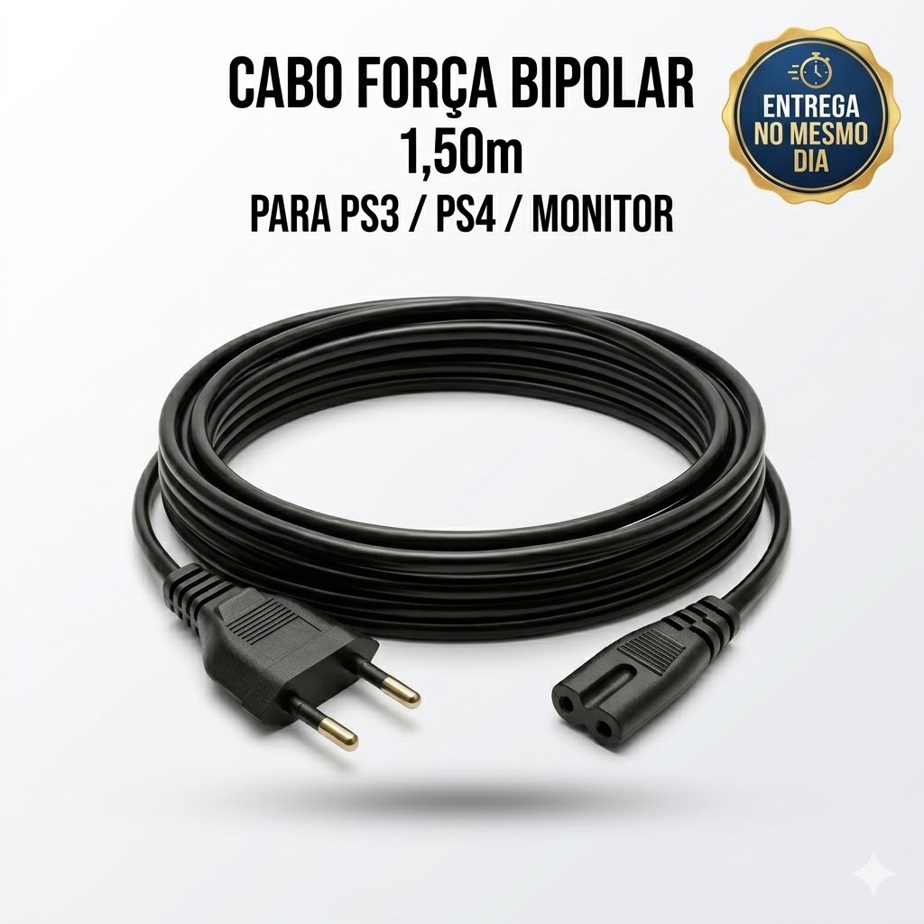 Cabo Força Bipolar Energia 1,50m Ps4 Ps3 Impressora Monitor