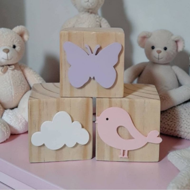 Trio de cubinhos de pinus / cubos madeira pinus decoração enfeite infantil adorno de quarto