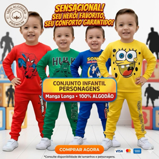 Conjunto Pijama Infantil Menino Manga Longa Personagens e Heróis 100% Algodão 30.1 Meia Estação em Oferta na Shopee
