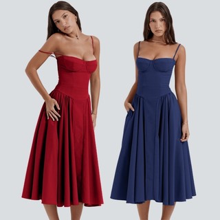 Vestido Longo Feminina Elegante Midi Bodycon Esbelto Com Bustier Vermelho De Verão