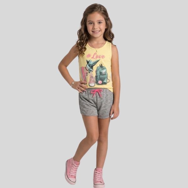 Conjunto Infantil Feminino Verão Regata Meia Malha 100% Algodão Estampada Shorts Moletinho Confortável  Casual Dia a Dia