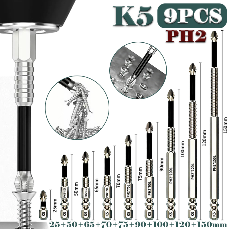 Kit 9 Bits PH2 para Parafusadeira 1/4 em Aço K5 Antiderrapante（25/50/65/70/75/90/100/120/150mm）