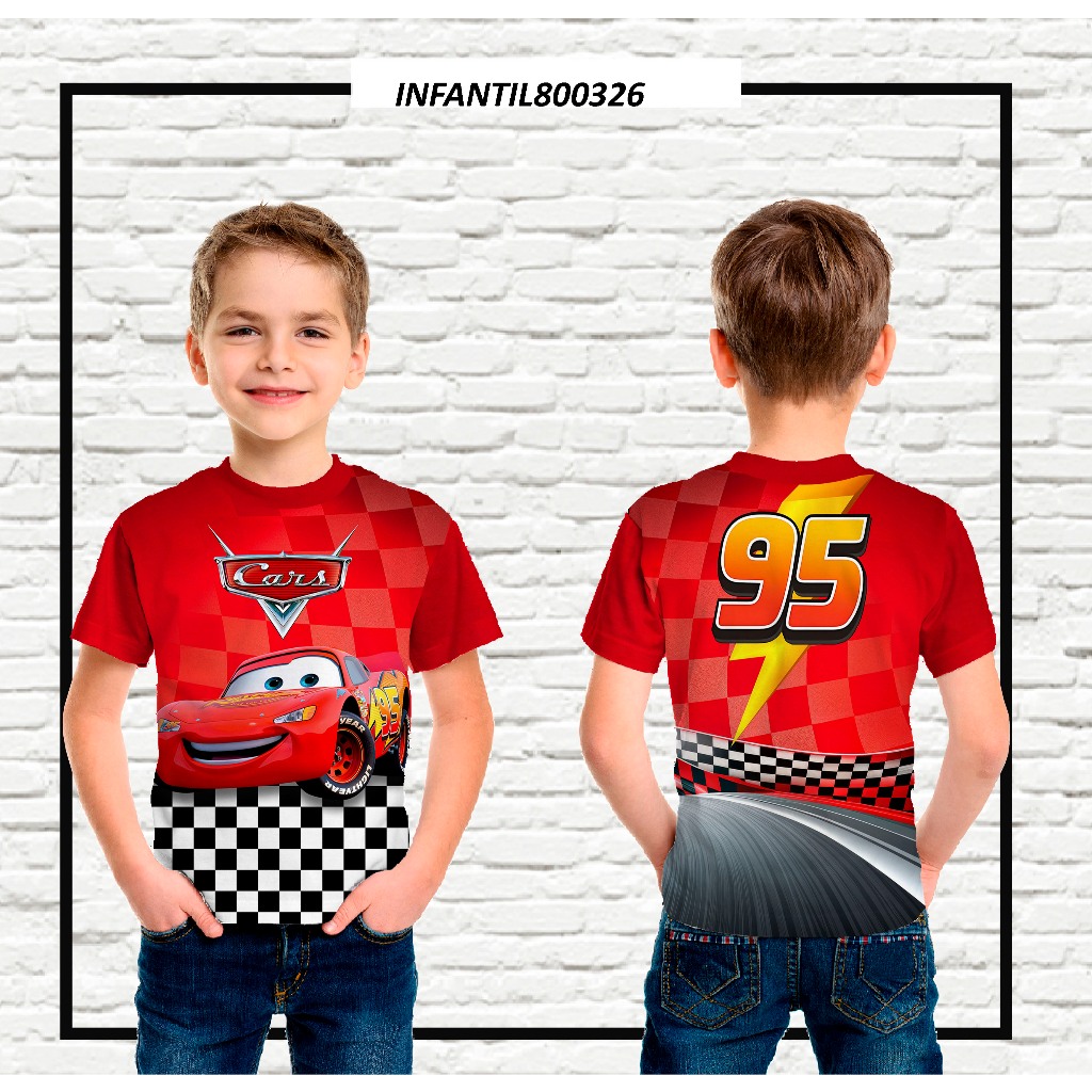 Camiseta Infantil e Adulto Carros Vermelho em tecido Dryfit