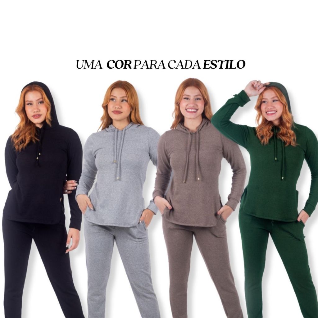 Conjunto Feminino Moletom Calça E Blusa Lanzinha Com Capuz Moda Inverno Envio Imediato