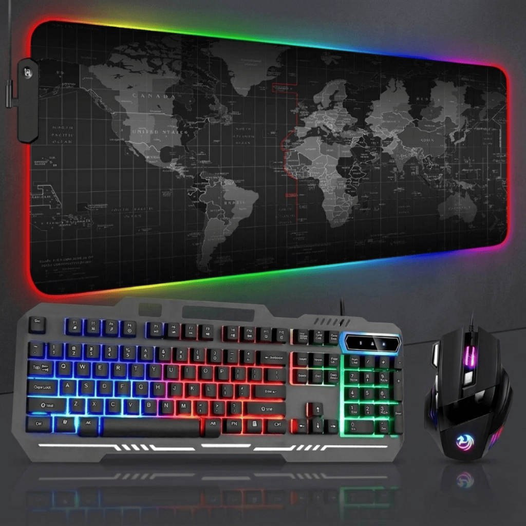 Setup Gamer Aportex Teclado Semi-Mecânico + Mouse 3200 DPI + Mousepad RGB Mapa Mundi (VARIAÇÕES)