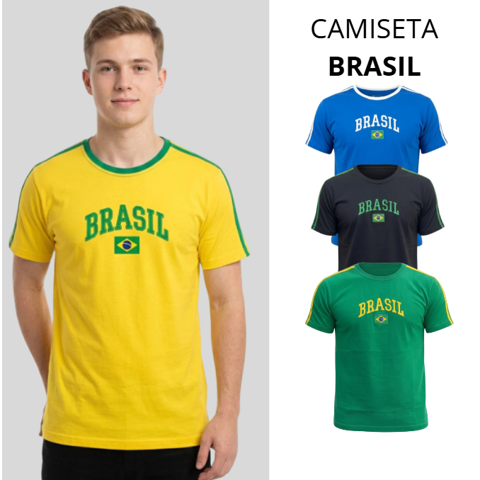 Camisa Bandeira Do Brasil Bordada Torcedor Algodão Camiseta Copa