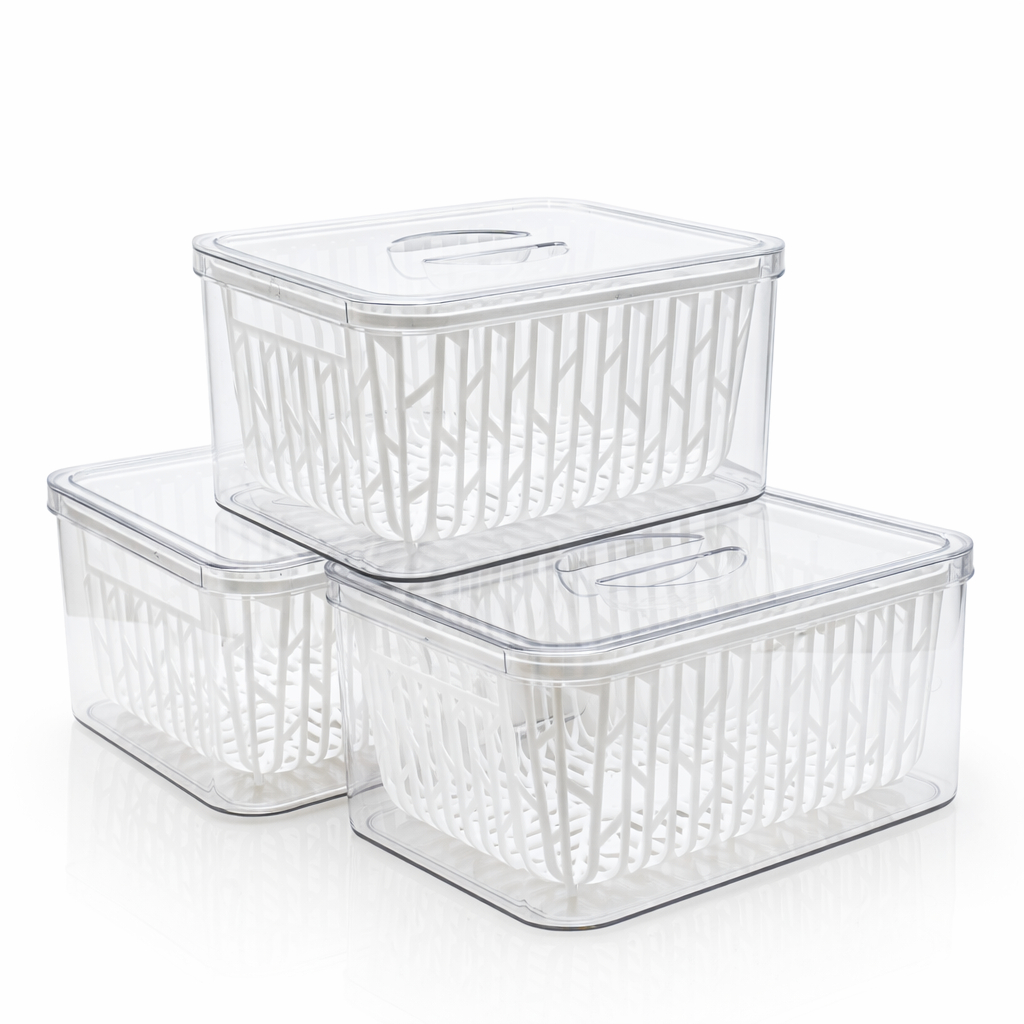 Kit 3 Organizadores de Geladeira 2,2L de Acrílico com Cesto de Drenagem Pote para Frutas e Legumes