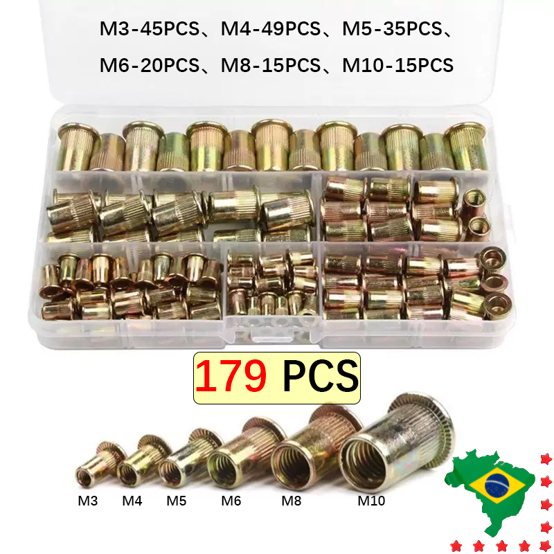 179 PCS Rebite com rosca interna m3 m4 m5 m6 m8 m10 de aço bicromatizado. aba plana rebite roscado