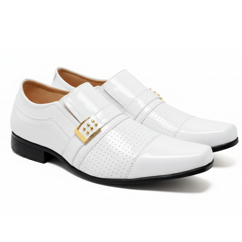 Sapato Social Masculino Branco Verniz Elegante e Confortável com Detalhe em Metal