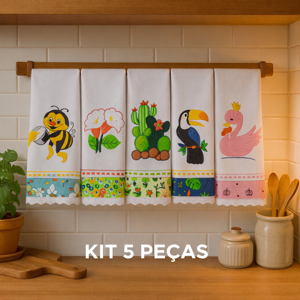 Pano de Prato Bordado Patchwork Kit 5 peças Sacaria Santa Margarida