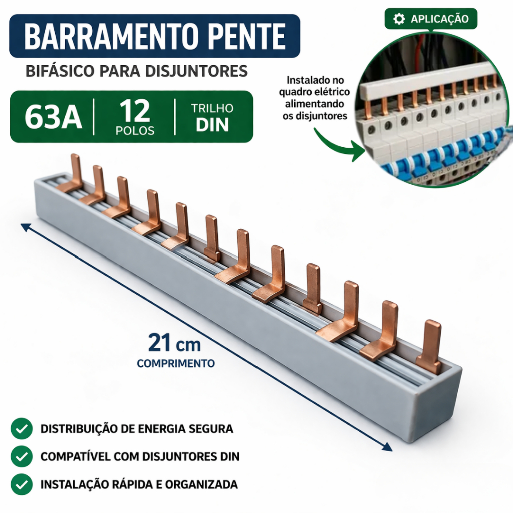 Barramento Pente 12 Polos 63a Bifásico Asus Trilho Din