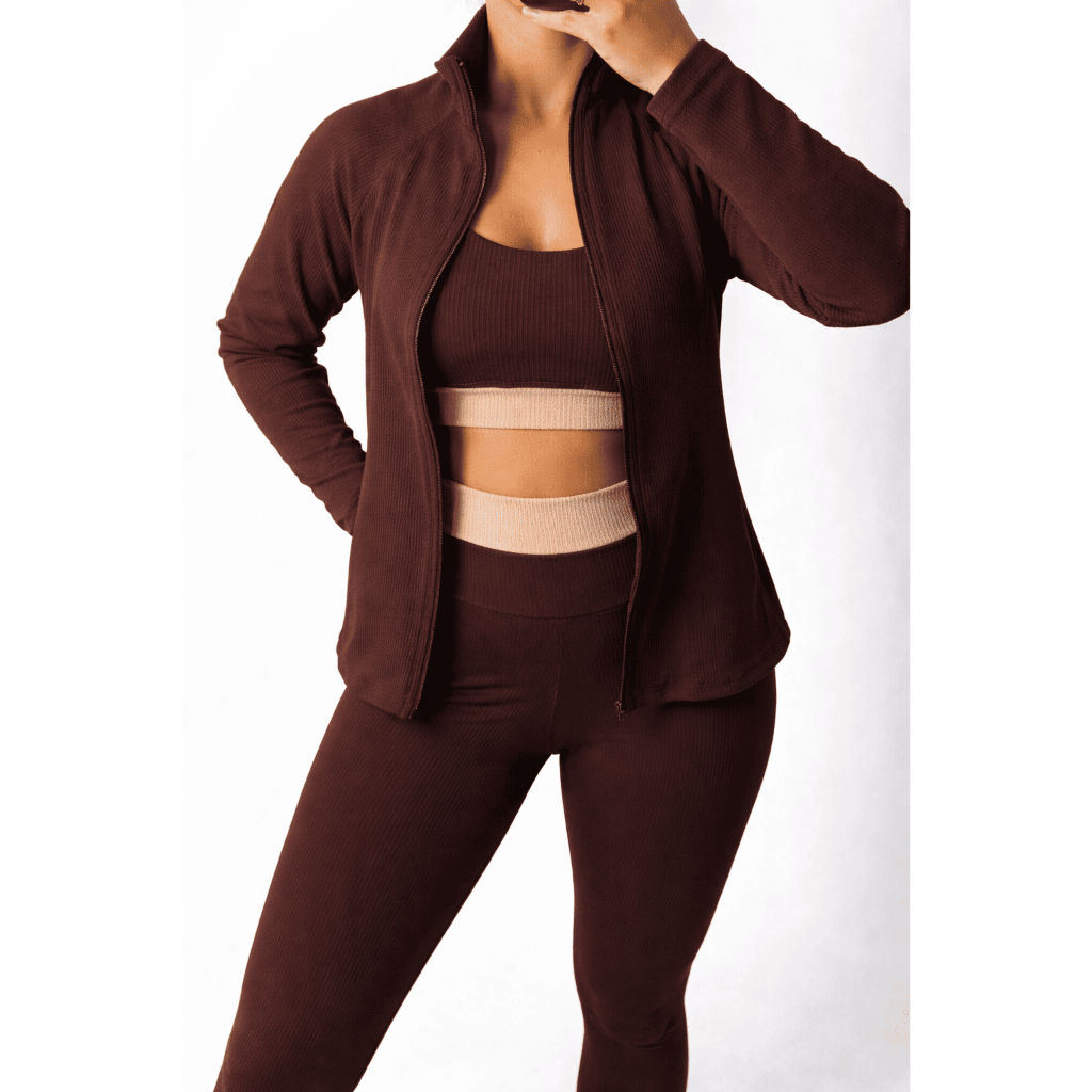 Kit Conjunto Fitness Feminino Top e Calça Tecido Anarruga Canelado + Casaco Manga Longa Anarruga em Oferta na Shopee