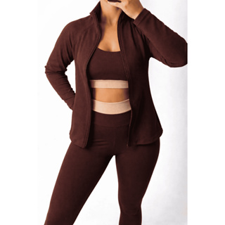 Kit Conjunto Fitness Feminino Top e Calça Tecido Anarruga Canelado + Casaco Manga Longa Anarruga em Oferta na Shopee