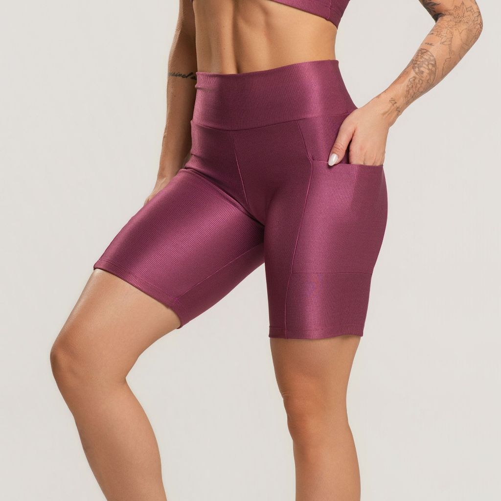 Short C/ Bolso Para Corrida Caminhada Academia Feminino Compresão Canelado Brilhoso