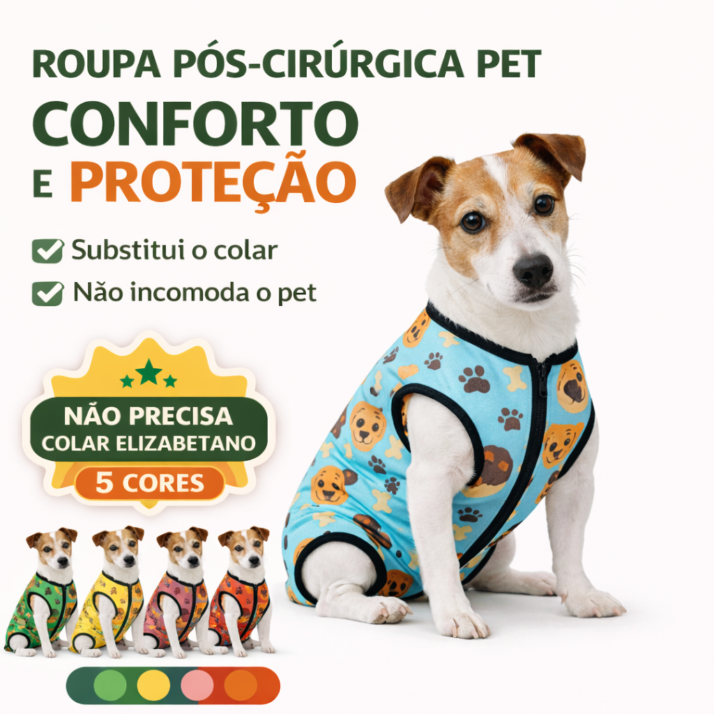 Roupa Pós-Cirúrgica Pet Cachorro Unissex | Substitui Colar Elizabetano | Confortável, Proteção Total | 5 Cores