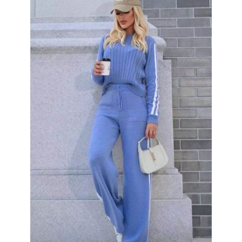 Conjunto de Blusa e Calça com listras na lateral de Tricot Premium Tricô alta Qualidade Outono 2026