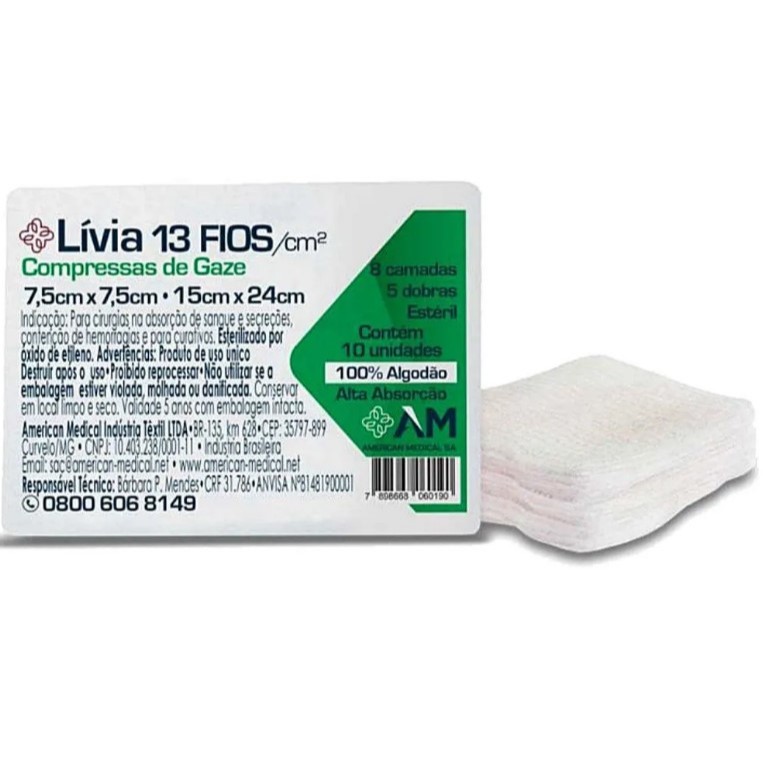 Compressa de Gaze Lívia 13 e 9 Fios/cm2 Estéril c/10 - Kit c/12ev - AMED