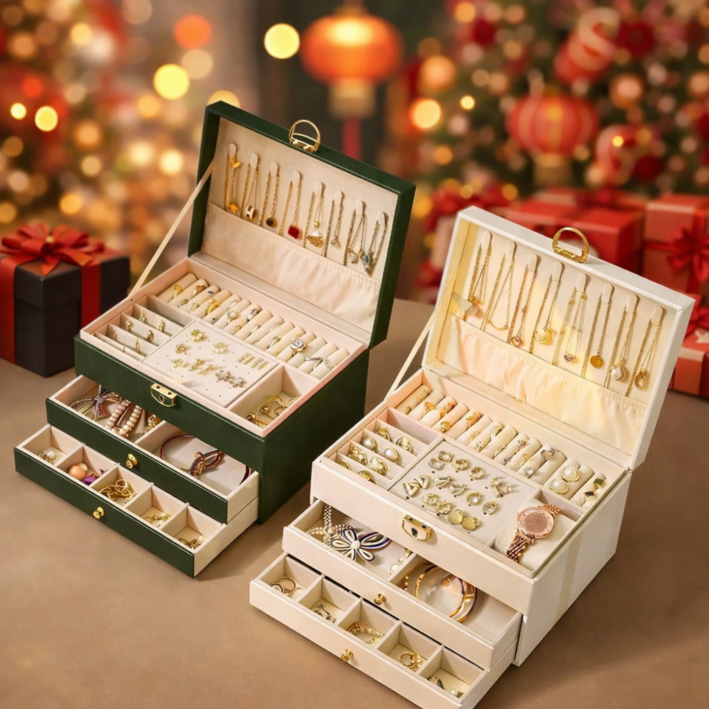 Caixas de armazenamento de joias de couro de alta qualidade, camada única e tripla Presentes do Dia das Mães