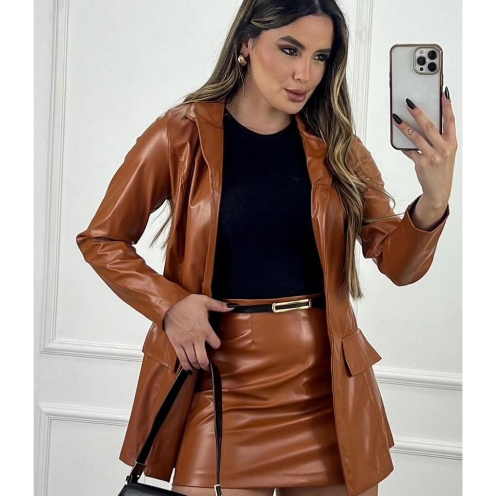 ✨ Conjunto Shorts Saia em Couro PU com Blazer – Elegância e Poder ✨