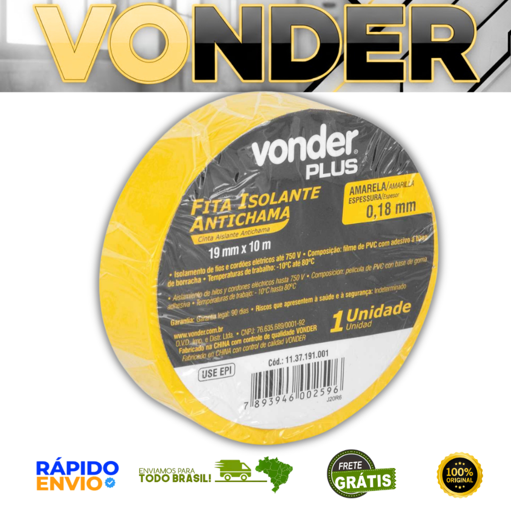 Kit 5 Fitas Isolantes Coloridas 10 Metros - VONDER PLUS Isolar Fios e Cabos Elétricos Antichama Top · foto 2