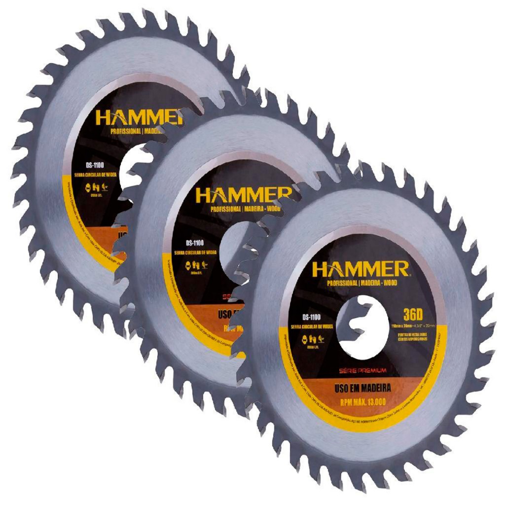Kit 3 Peças Discos De Serra Circular Hammer 4.3/8 X 36 Dentes Para Madeira em Oferta na Shopee