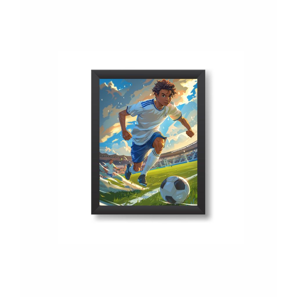 Quadro Decorativo Futebol Bola Chuteira Jogadores Decoração Esporte Moldura 20x30cm Madeira