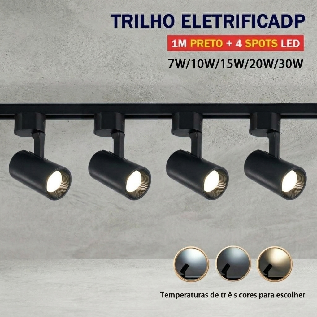 Kit Trilho Spot LED 1M Preto+4 Spots Eletrificado Led Cor Preto Branco bivolt 7W 10W 15W 20W 30W