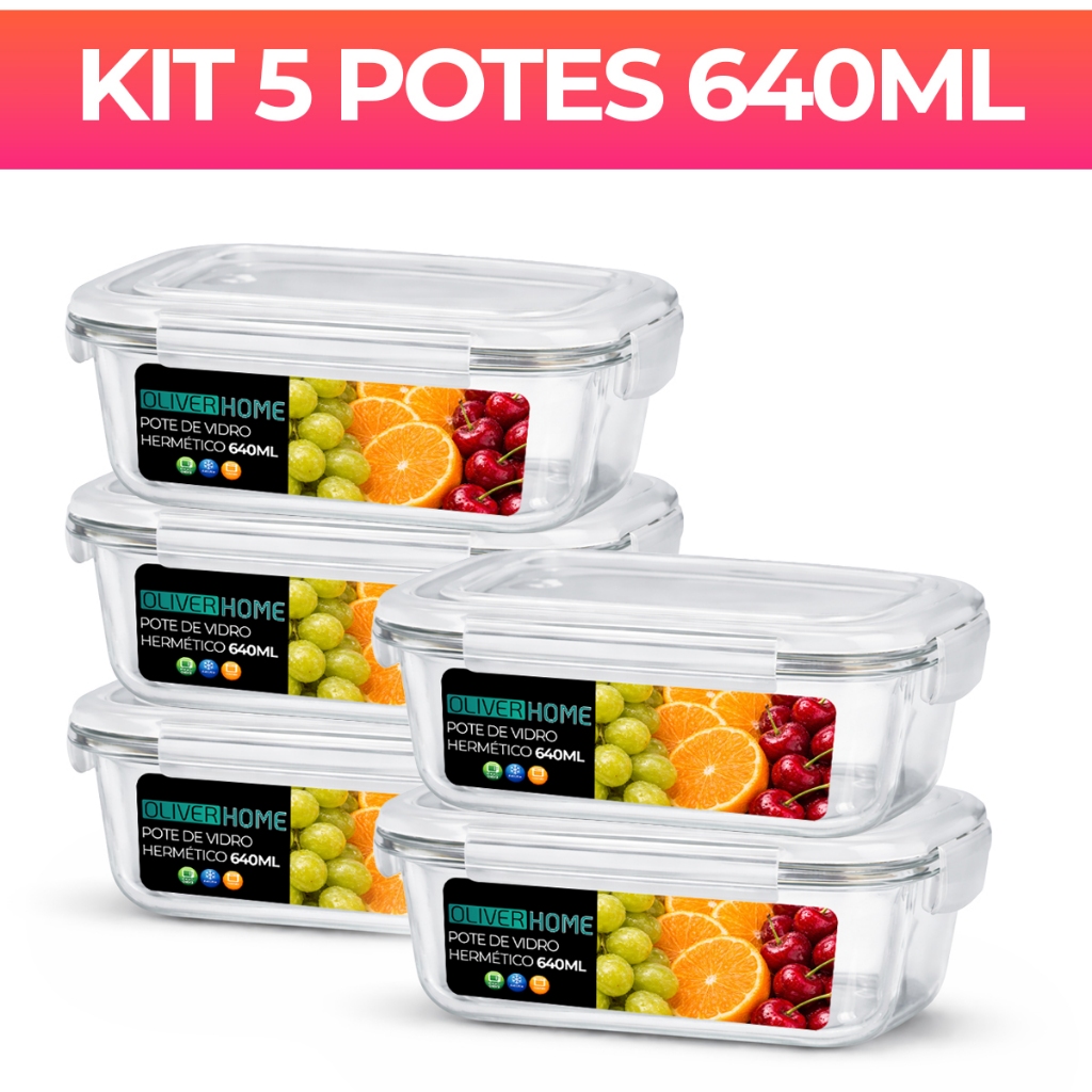 Kit 5 Potes de Vidro 640 ml Hermético Marmita Fit com Tampa 4 Travas em Oferta na Shopee