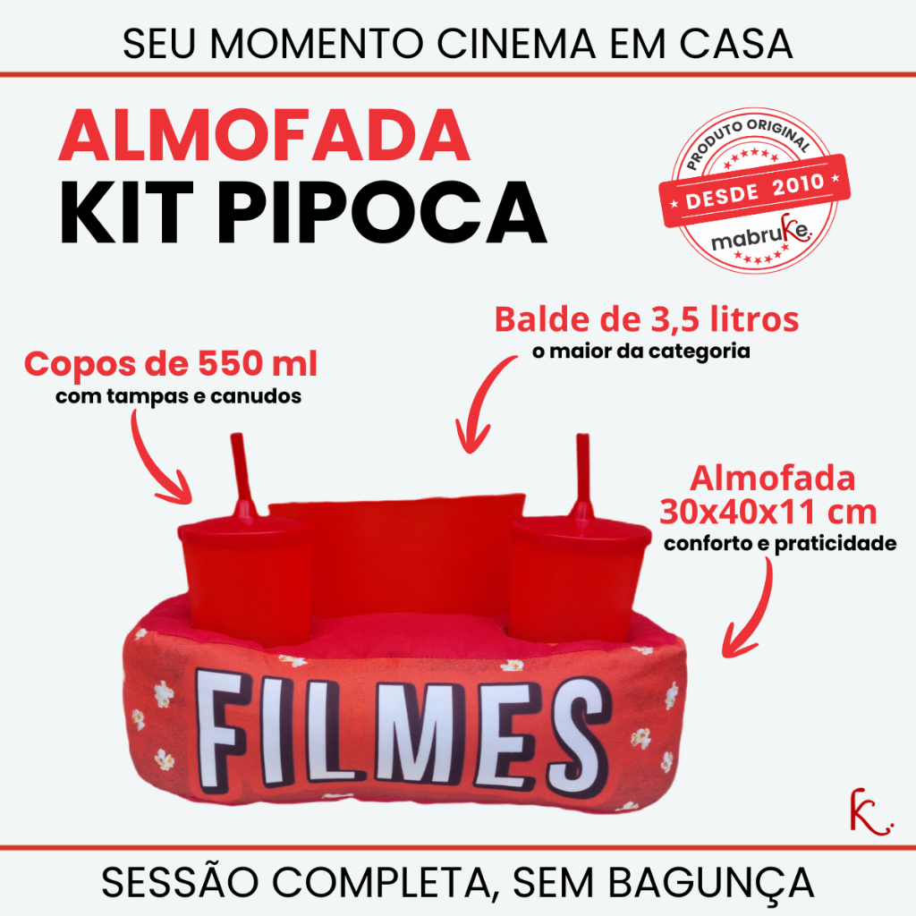 🍿Kit Pipoca Duplo FILMES & SÉRIES Mabruke – Presente Criativo para Namorados – Almofada Porta Copos  Balde Cinema  Casa