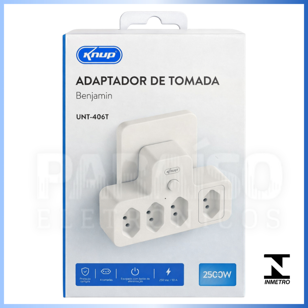 Adaptador de Tomada 2500W BENJAMIN 4 Entradas Régua Energia Multifuncional Botão Liga/Desliga