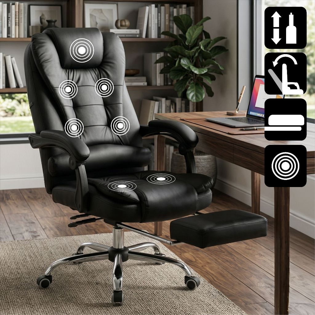 Cadeira Com 7 Pontos de Massagem Presidente Apoio De Pés Cor Preto Ergonômica Reclinável Giratória