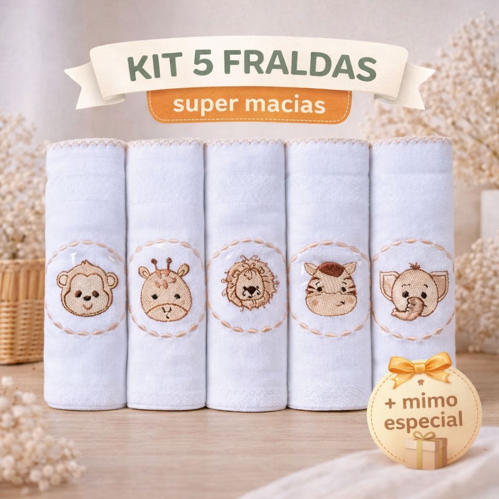 Kit Fralda De Pano Bordada para Bebê com 5 10 15 Unidades Luxo 100% Algodão Tamanho 70x70cm