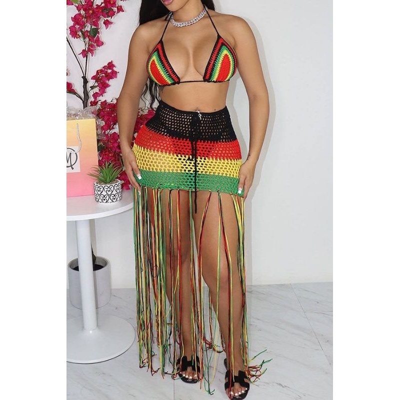 Conjunto reggae em crochê saia 3 cores linha 100% algodão barroco com franjas moda feminina e Cropped praia
