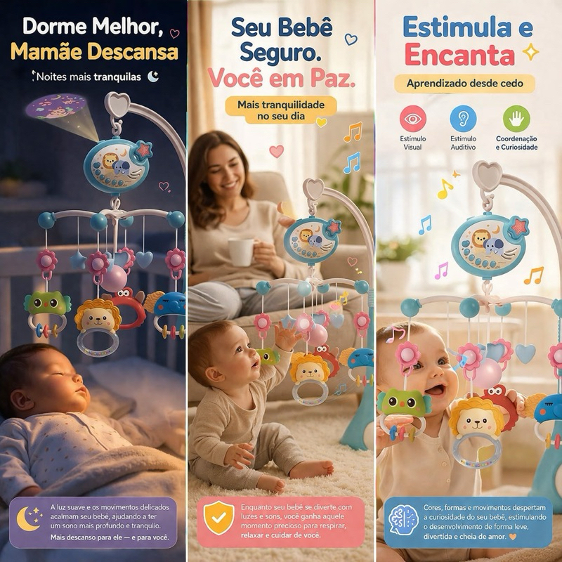 Mobile Musical Bebê Conforto Carinho Controle Remoto Luz Estrelas Rotação 360 Berço Relaxante