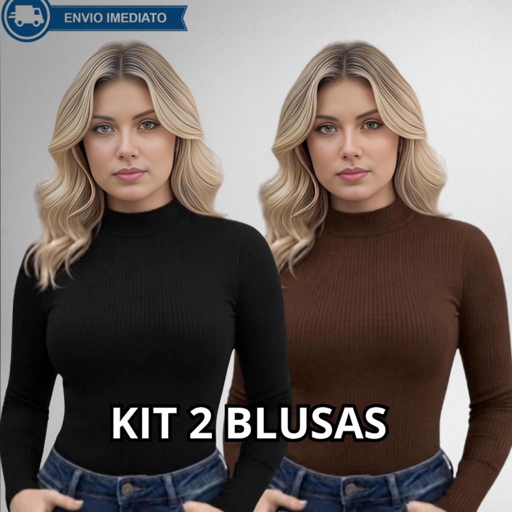 KIT 2 Blusas Feminina Manga Longa Cacharrel Confortável Básico Gola Alta Canelado Premium