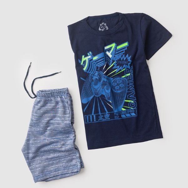 Conjunto Infantil Verão Roupa Menino Camiseta Gamer Bermuda Rajada Moletinho - Conjunto Masculino Tamanho 4 ao 14
