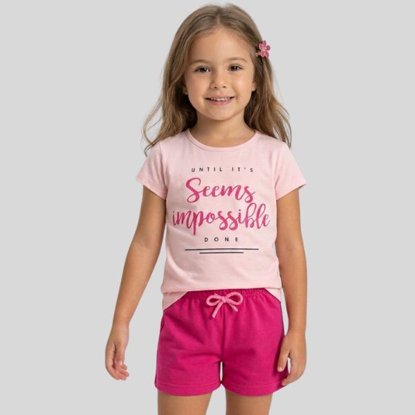 Conjunto Infantil Menina Verão Blusa Meia Malha Estampa Frase + Shorts Moletinho Roupa Infantil Feminina 4 ao 14