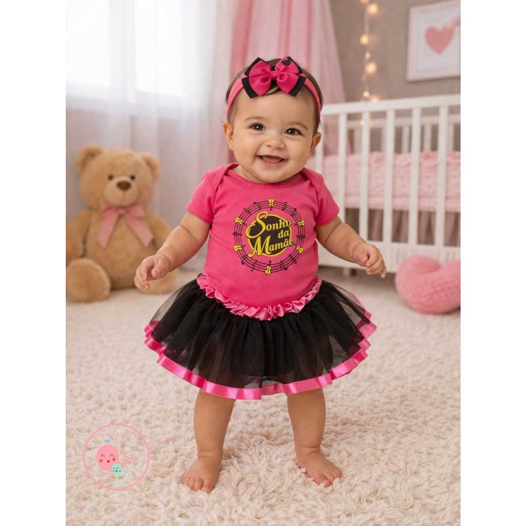 Body Bebê Menina Sonho da Mamãe + Saia Tutu + Faixa Laço Temático Dia das Mães Menina Mesversário