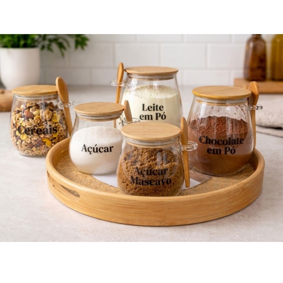 Pote De Vidro Com Tampa Bambu Com Colher 350ml/700ml em Oferta na Shopee