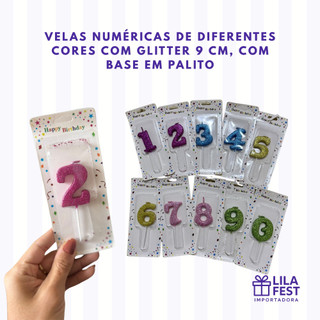 Vela Glitter Número 9cm Base Palito Bolo Aniversário Festa Brilho Parabéns