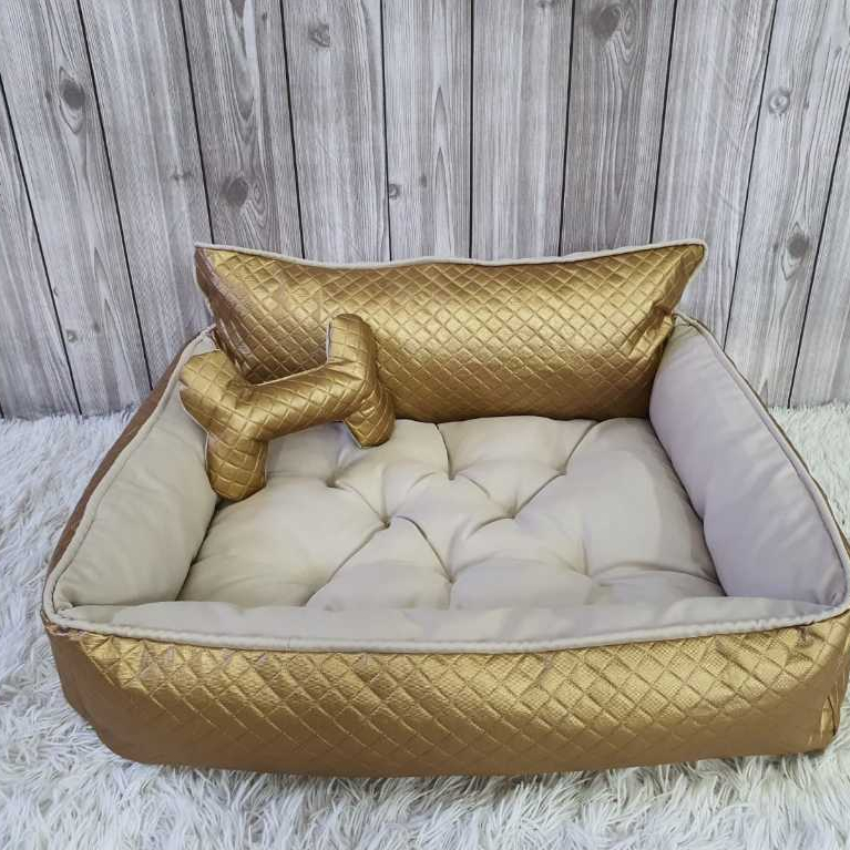 Cama Sofá Para Cães e Gatos Colchonete Pet Personalizado Dourado Corino Oxford