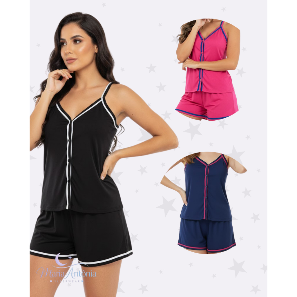 Pijama Baby Doll Short Doll Estilo Americano Botão Aberto Malha Leve Confortável Promoção