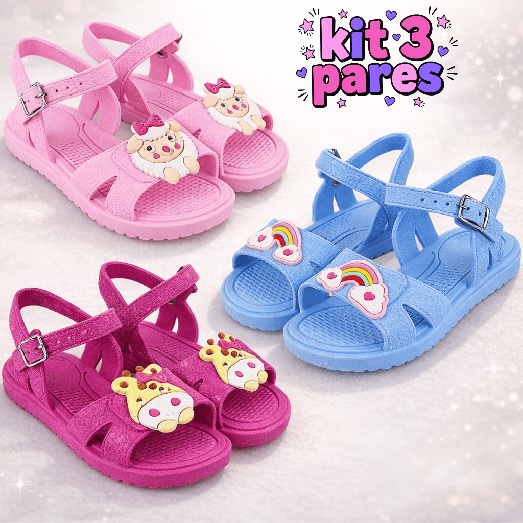 Kit 3 Pares Sandália Papete Infantil Menina Rasteirinha Feminina Leve e Confortável em Oferta na Shopee