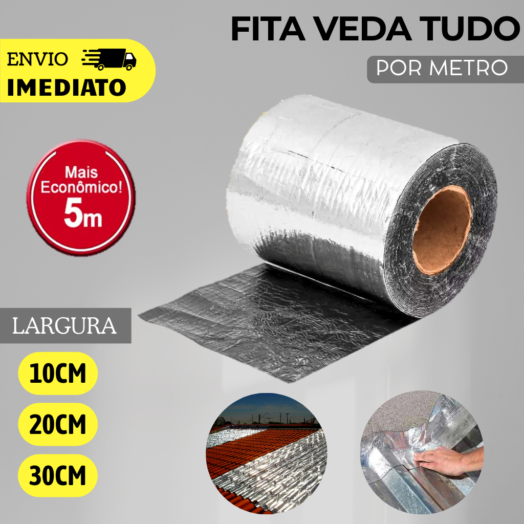 Fita Manta Asfáltica Adesiva Aluminizada Veda Tudo Profissional Impermeável Reparo Telhado Laje Goteira - 10cm 20cm 30cm