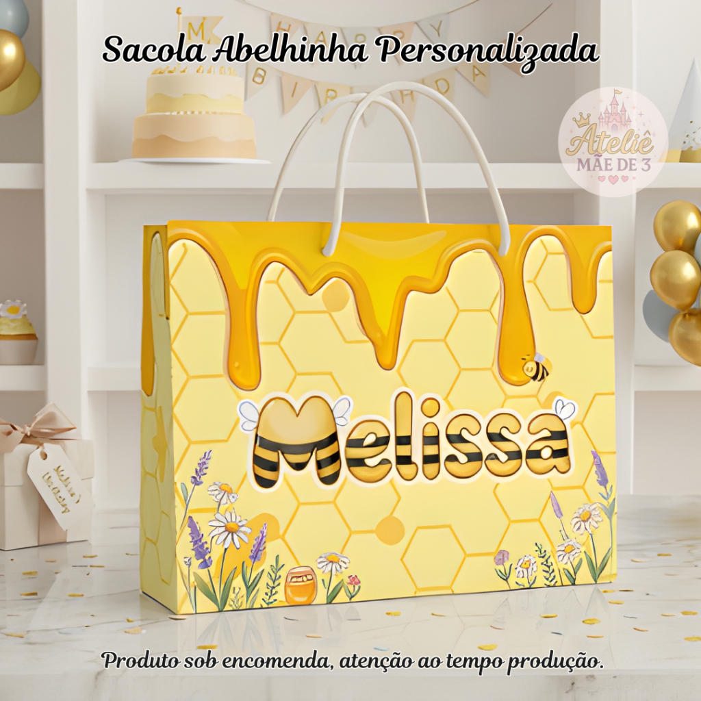 Sacolinhas Personalizadas Abelhinha Lembrancinha Festa Aniversário - Papel 180g Kit com 10 unidades