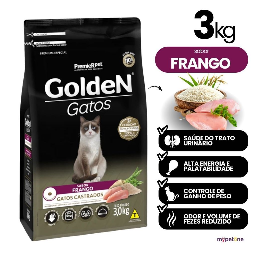 Ração Para Gatos Castrados Golden Frango 3kg Premier Pet