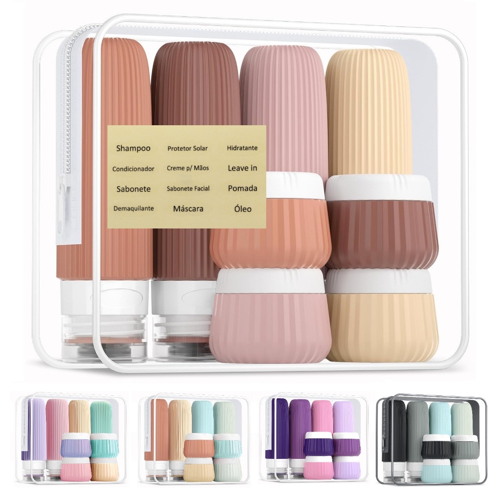 Kit Frascos Potes Viagem Silicone 4x 90ml + 4x 30ml Condicionador Shampoo Creme Cosméticos 8 peças