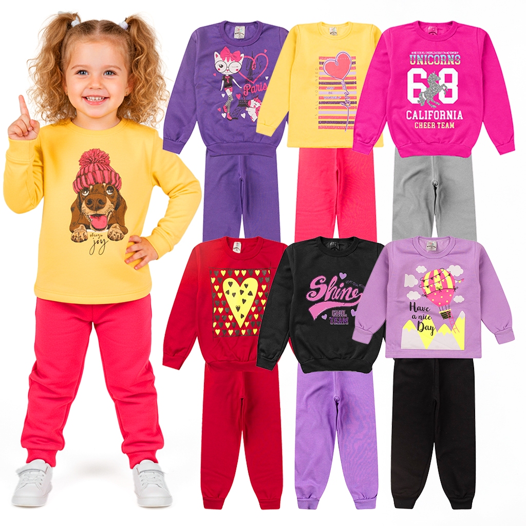 Kit 2 Peças Conjunto Sortidos Moletom Menina Outono Inverno Infantil Manga Longa