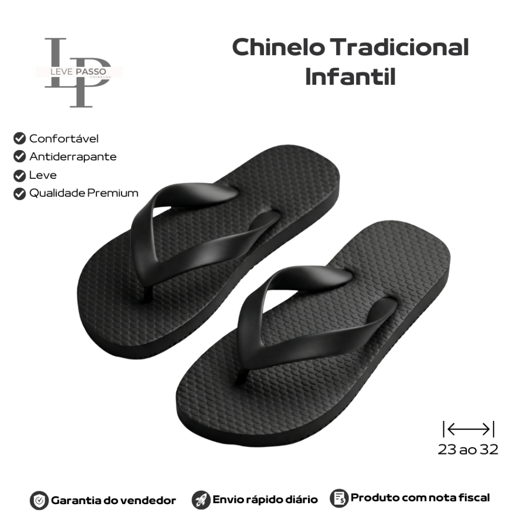 Chinelo LevePasso Tradicional Infantil Preto Unissex Confortável Antiderrapante Numeração 23 ao 32 Casual Leve Dia a Dia