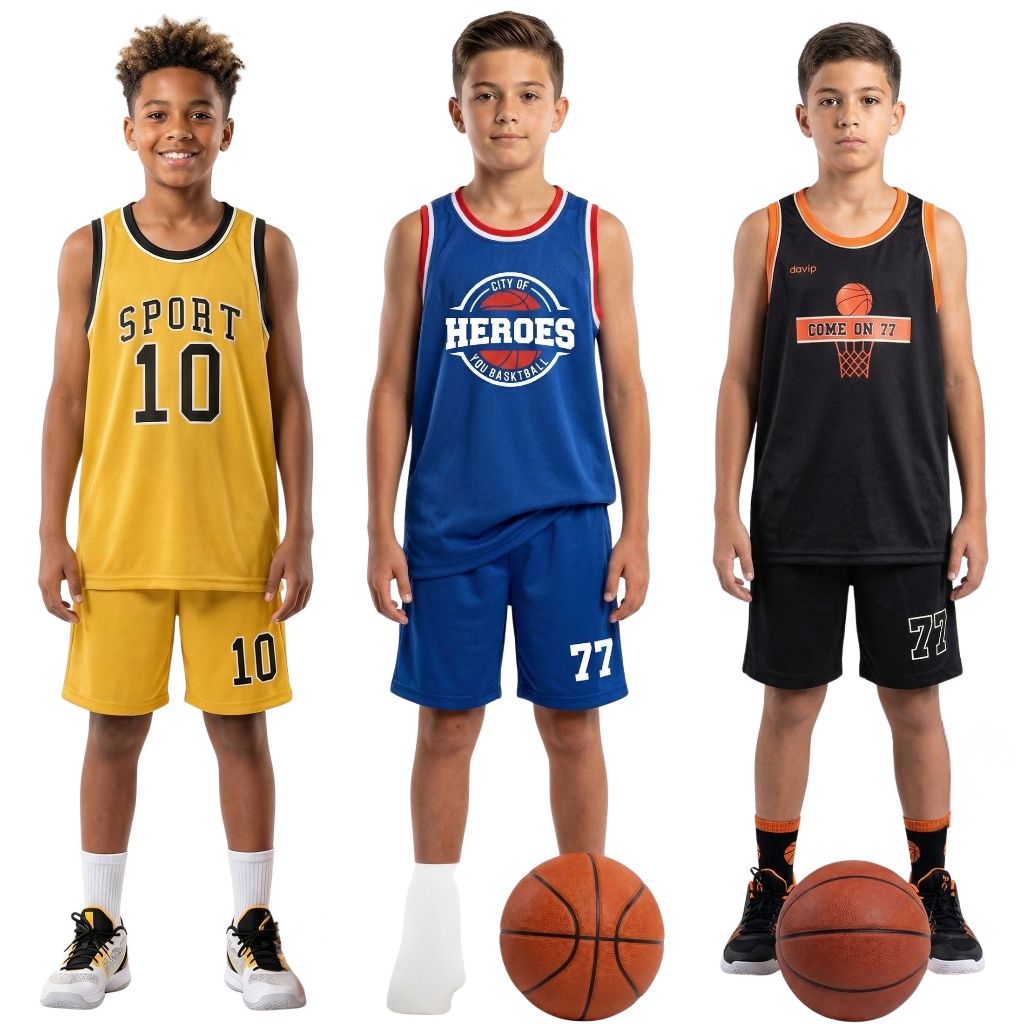 Kit 3 Conjuntos Esportivos Infantil Masculino Menino Estilo Basquete Camiseta + Short Leve e Confortável 6 a 12 anos